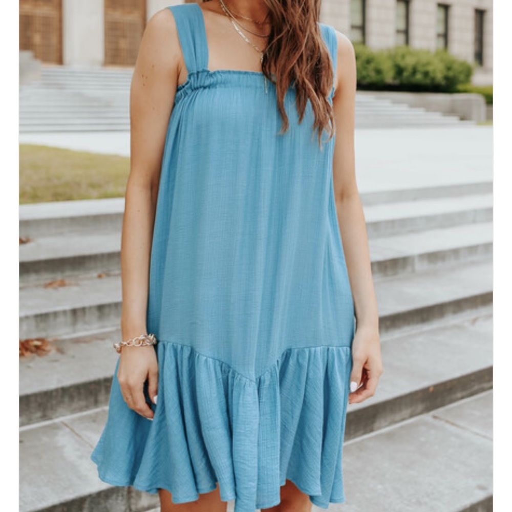 Tie Strap Teal Blue Ruffle Hem Dress from Magnolia Boutique